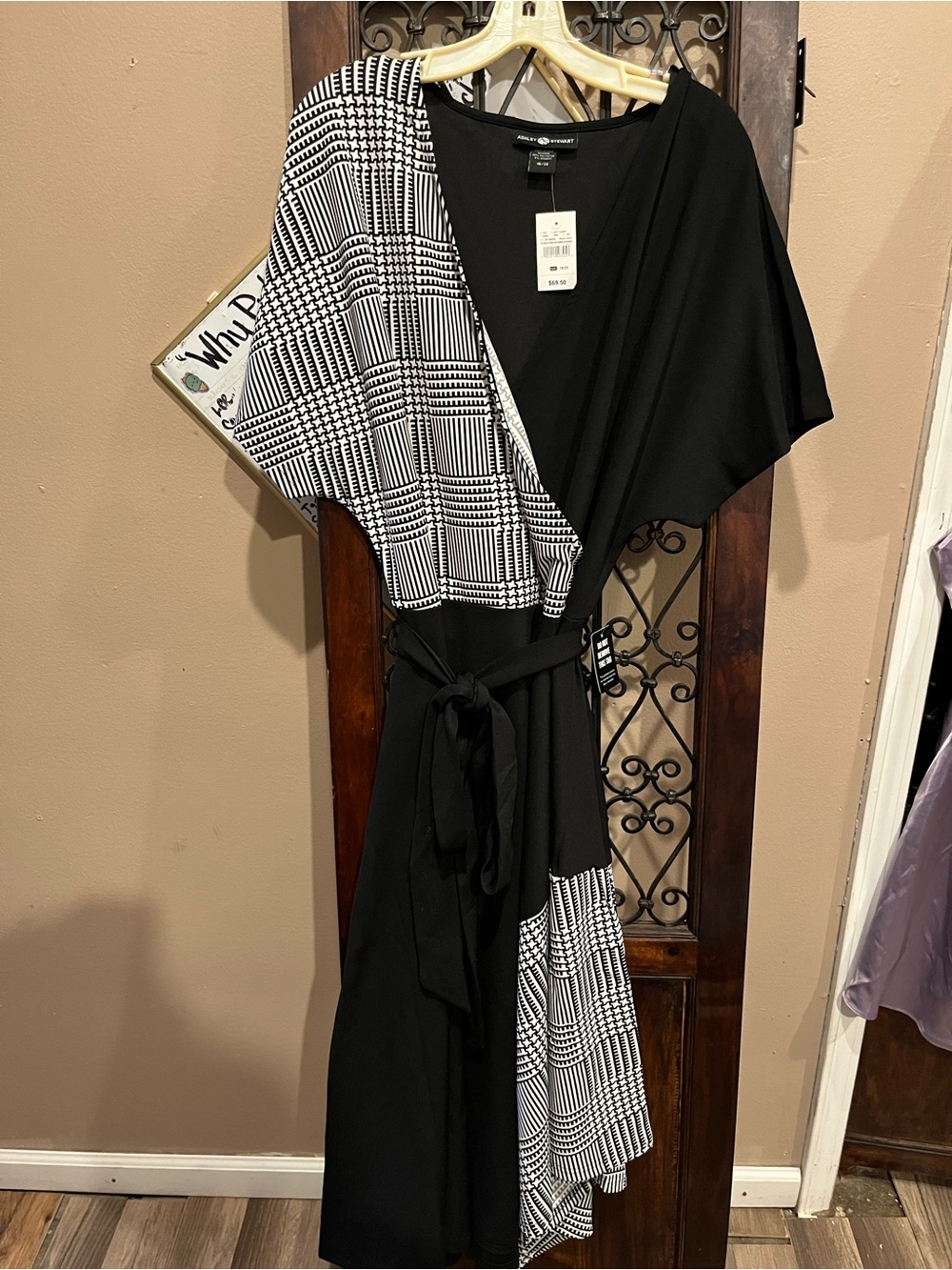 Ashley Stewart Black & White Geometric Wrap Midi Dress